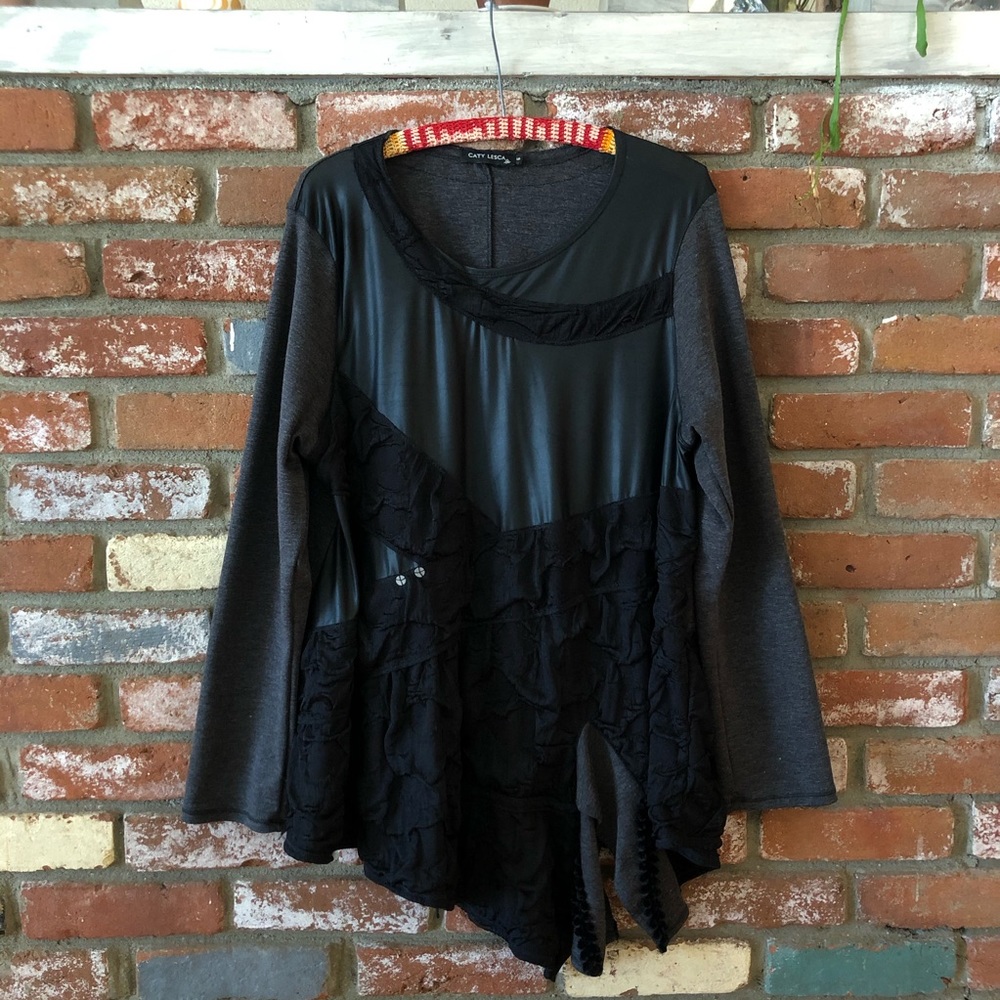 Caty Lesca Lagenlook Faux Leather Asymmetrical Long Sleeve Swing Top